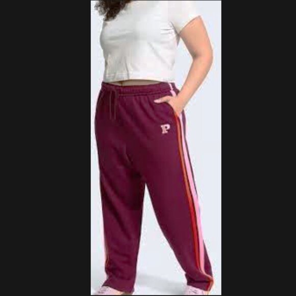Victoria Secret PINK Ivy Fleece Straight Leg Sweatpants Maroon Stripe Small NWT - Picture 2 of 9